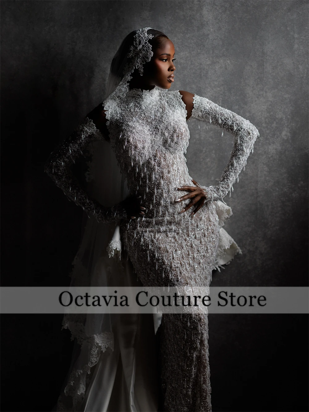 Customized Mermaid Wedding Dress Charming Sweetheart Long Sleeves Lace Applique Court Train Bridal Gown