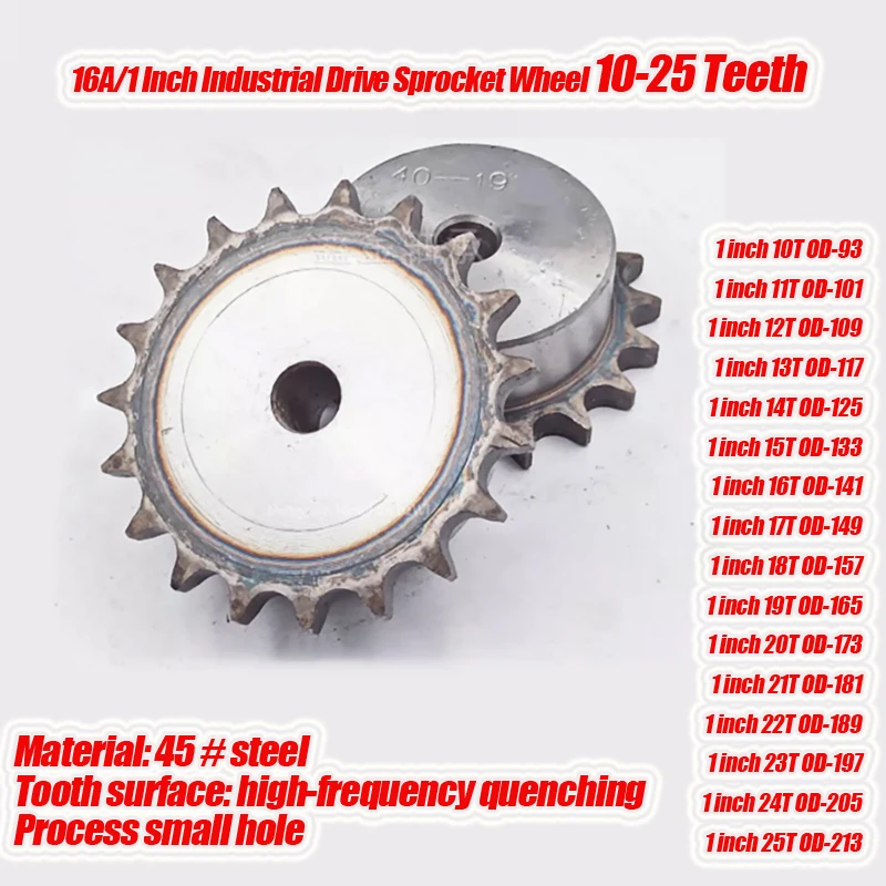Rueda de piñón de accionamiento Industrial, cadena de acero 45 #, 16a/1 pulgada, 10/11/12/13/14/15/16/17/18/19/20/21/22-25 dientes, 1 unidad engranaje OD 93-123mm