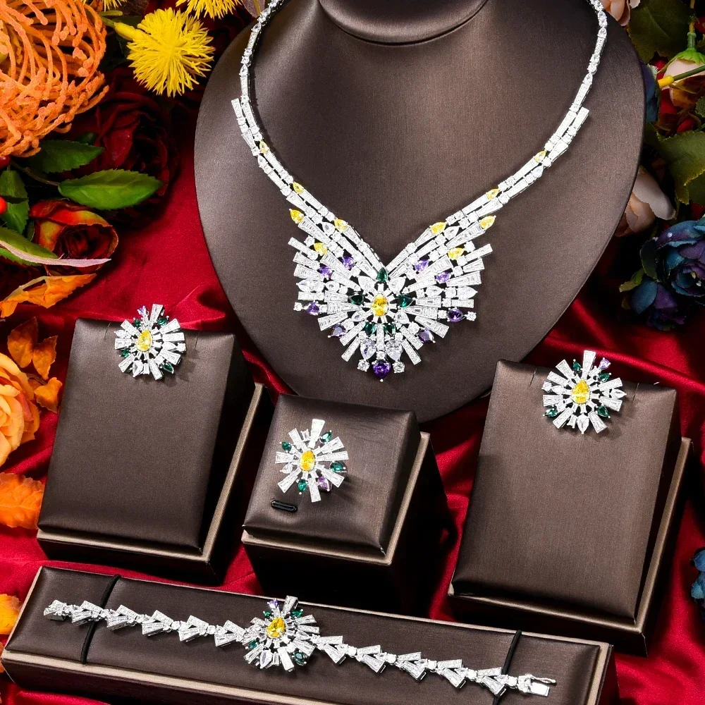 

Soramoore New Original Luxury 4PCS Jewelry Sets Necklace Bangle Earrings Ring Jewelry Set for Bridal Charm Female Accessories