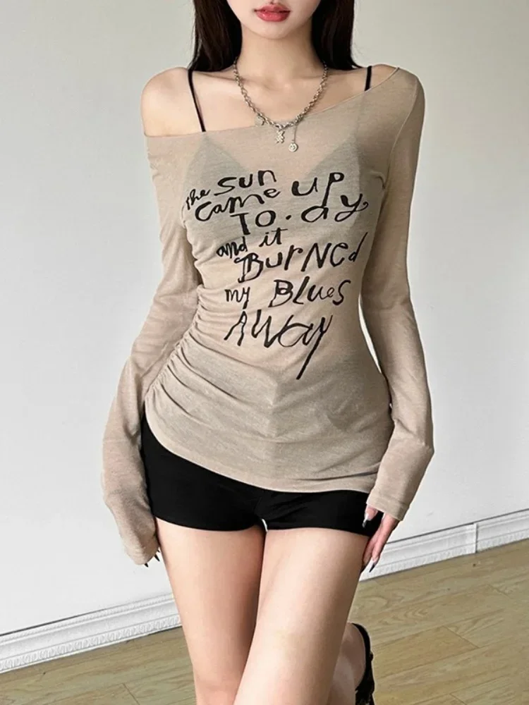 

Slim Y2k Top Mesh O-Neck Long Sleeve T Shirts For Women See Through Aesthetic Clothes Letters Printing Streetwear Ropa De Mujer