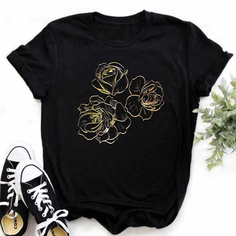 New Fashion Gold Rose Print Women T Shirt Harajuku Short Sleeves Tshirts Casual O-neck Top Tee Shirt Women Black T-shirt