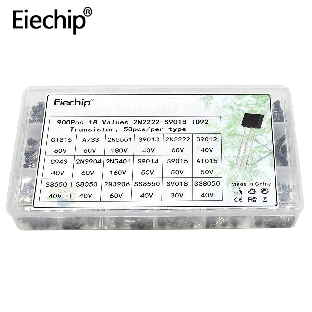 900pcs  2N2222-S9018 Transistors Box Pack NPN PNP TO92 Transistor Assorted Kit 18 values*50pcs S9015  S8050 S8550  2N3904 2N3906