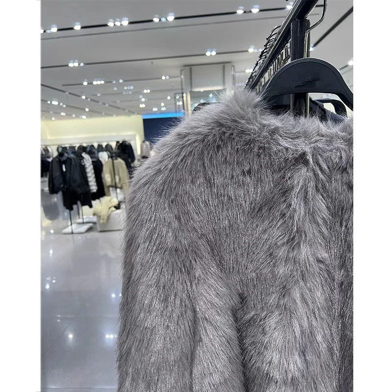 Spring Women\'s Cardigan Jacket Round Neck Pocket Fur Coat Solid Loose Suede Jacket Streetwear Vintag Outerwear