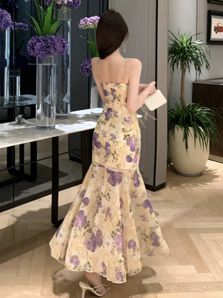 ผู้หญิงเสื้อผ้าวันหยุดดอกไม้หวานพิมพ์เซ็กซี่สลิง Slim Maxi ยาว Fishtail ชุด Elegant Lady แฟชั่น Party Prom Vestidos Robe