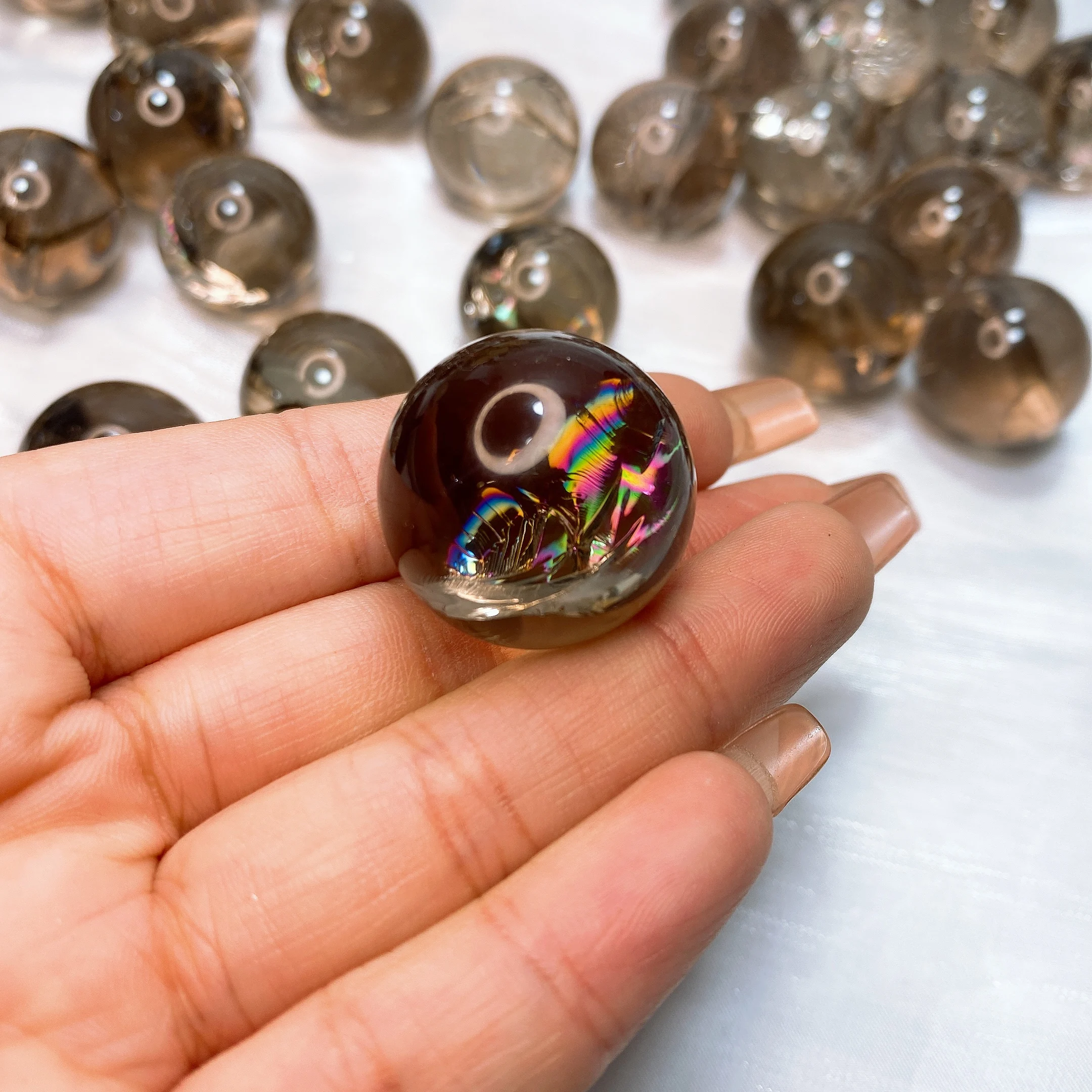 23MM Natural Rainbow Smoky Quartz Sphere Mini Ball Crystal Stone Energy Reiki Healing Office Home Decoration Gift