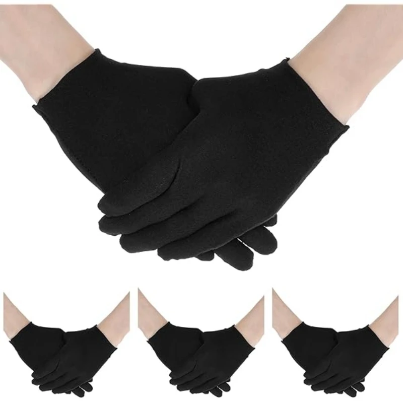 12 Paar schwarze Baumwollhandschuhe, weiche, feuchtigkeitsspendende Stoffhandschuhe für die Nacht, dehnbare, waschbare Schmuckinspektions-Arbeitshandschuhe