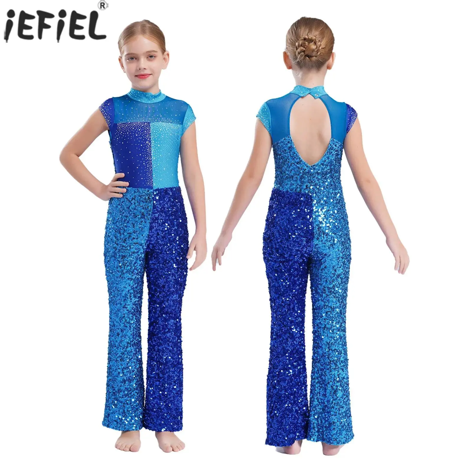 

Kids Girls Glittery Sequins Jazz Dance Bodysuit Sleeveless Color Block Rhinestone Jumpsuit for School Party Stage Performance