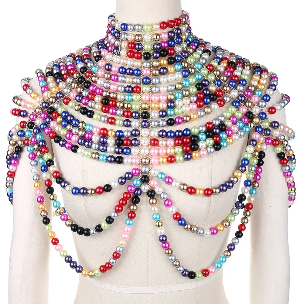 Ladies Sexy Pearl Chain Body Necklace Shoulder Wrap Luxury Punk Style Multicolor Beaded Long Chain for Evening Parties Weddings