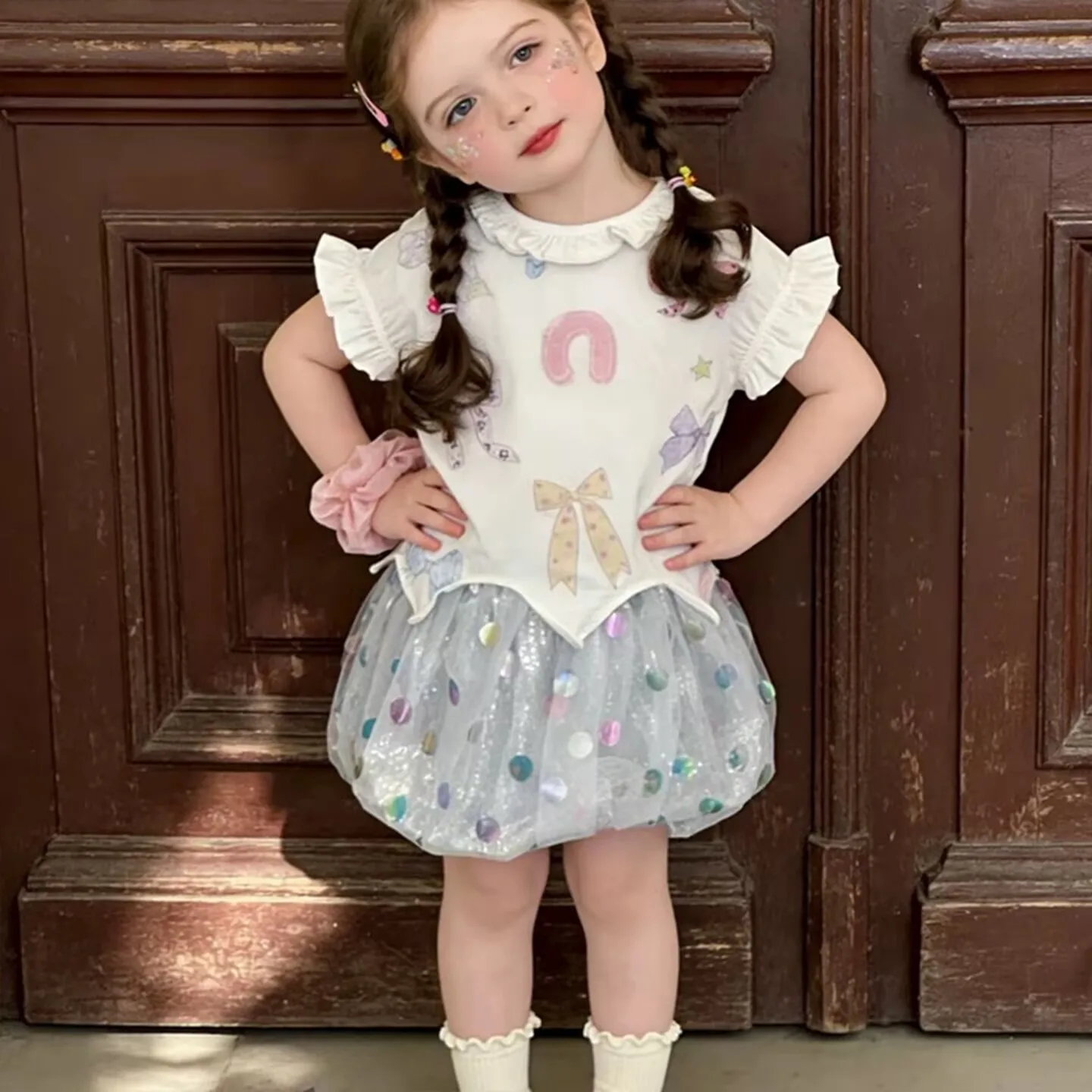 

2026 New Baby Girls Summer Fashion Sets, Top + Sequines Skirts Princess Sweet Suits 2-7 T