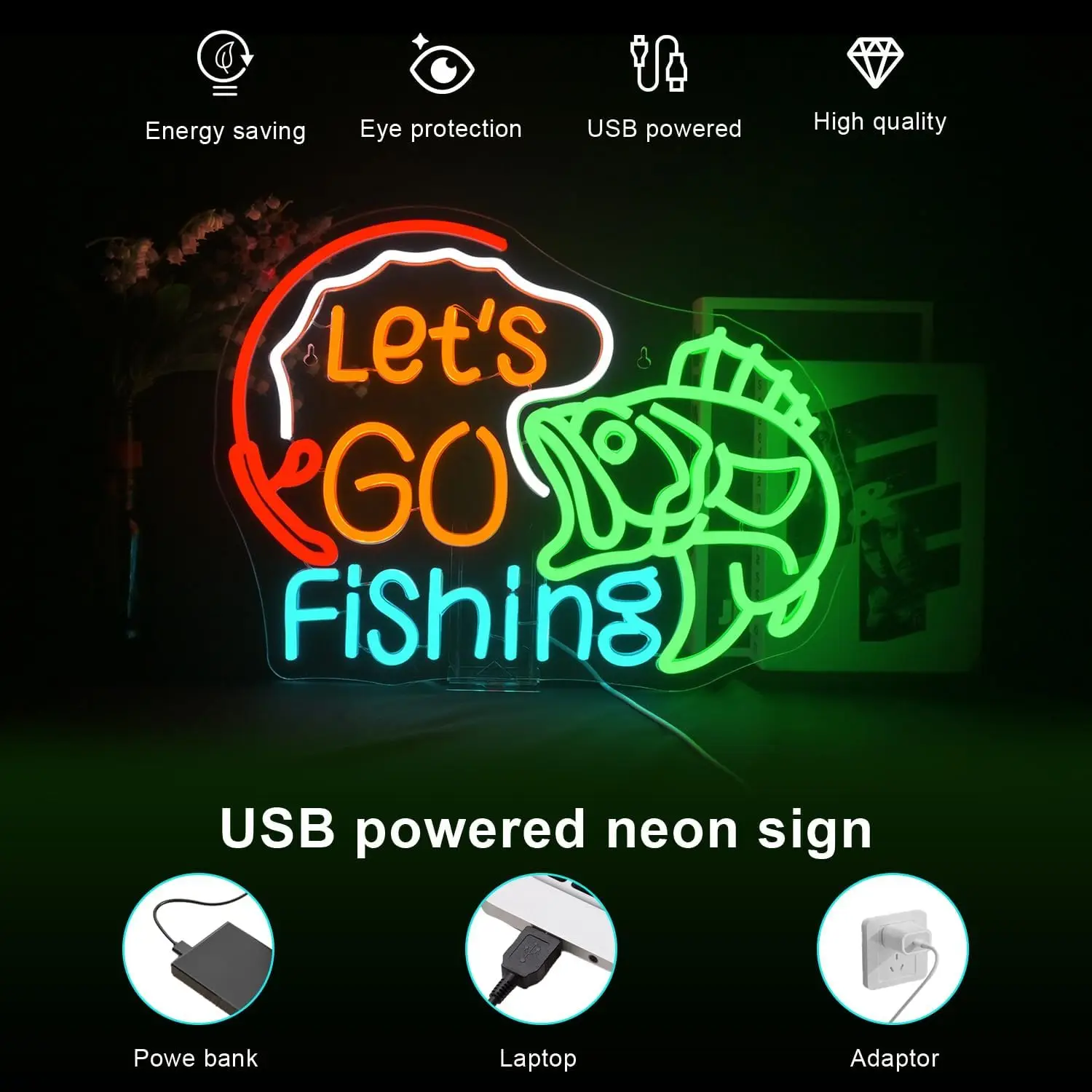 Lucunstar دعونا نذهب الصيد النيون جدار ديكور LED عكس الضوء ضوء النيون لصيد الأسماك نادي ديكور المنزل هدية حصرية للصيادين