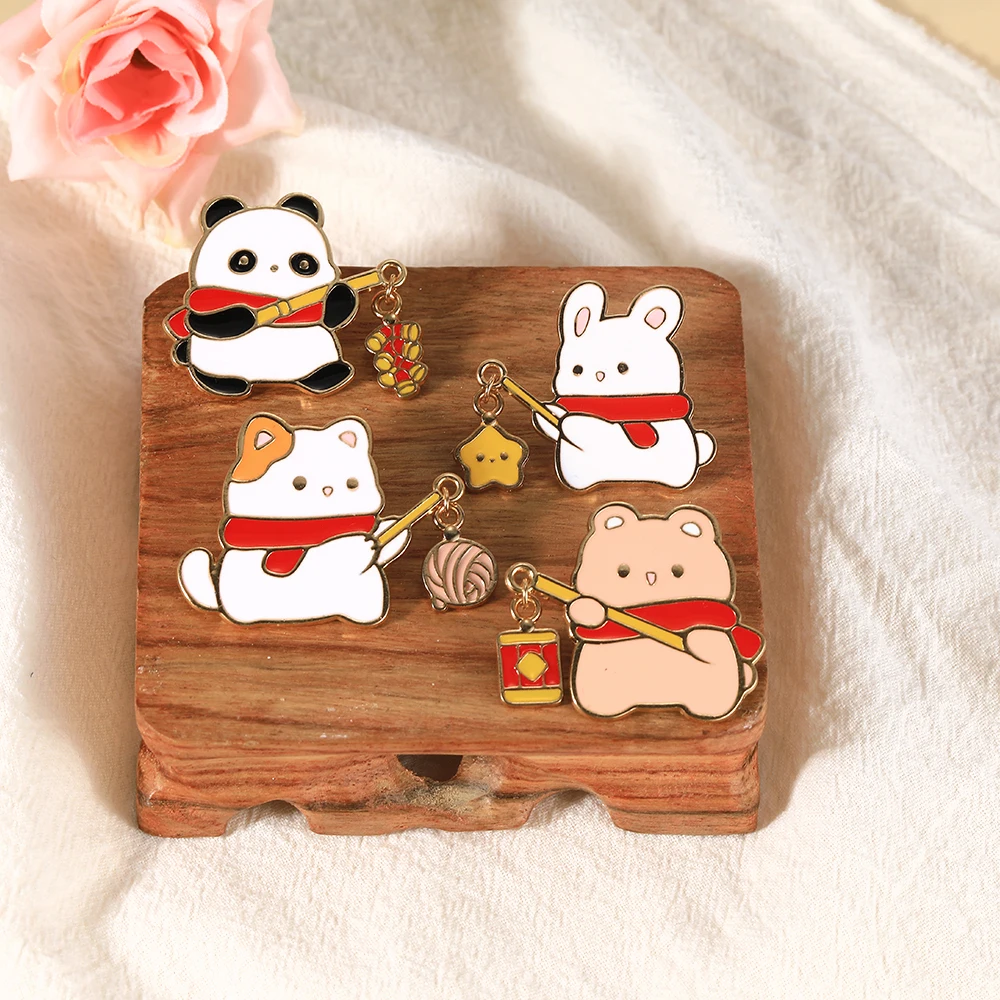 4Pcs/Set Cute Cartoon Animal Hold Firecrackers Star Lantern Pins Cat Panda Bear Rabbit Enamel Brooches For Wallet Cloth Jewelry