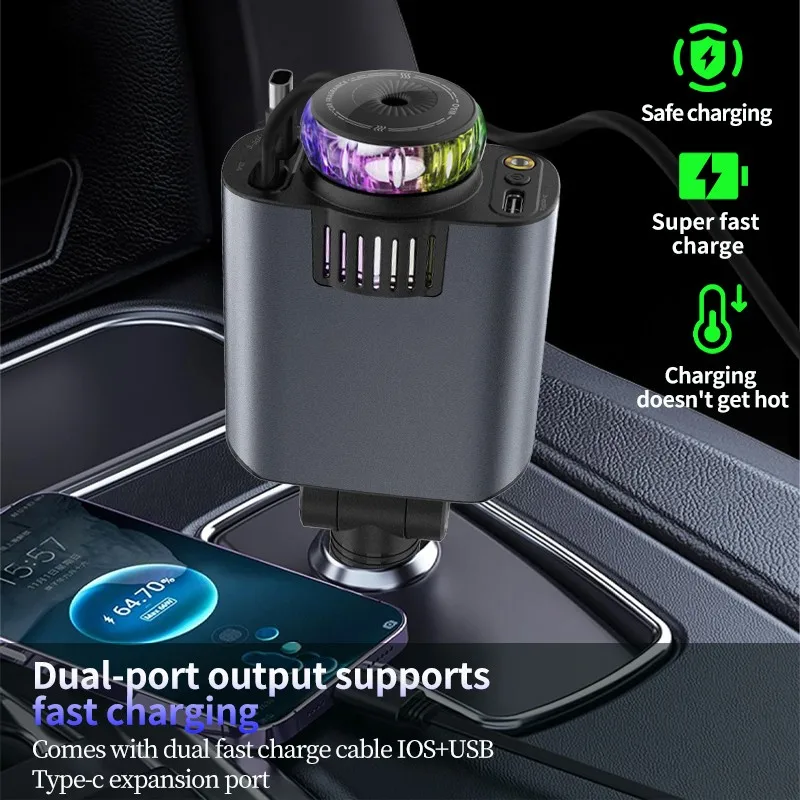 

5-in-1 Car Fast Charger PD 45W Retractable Phone Charger With Roof Starlight Aromatherapy for IPhone Samsung Car Charger