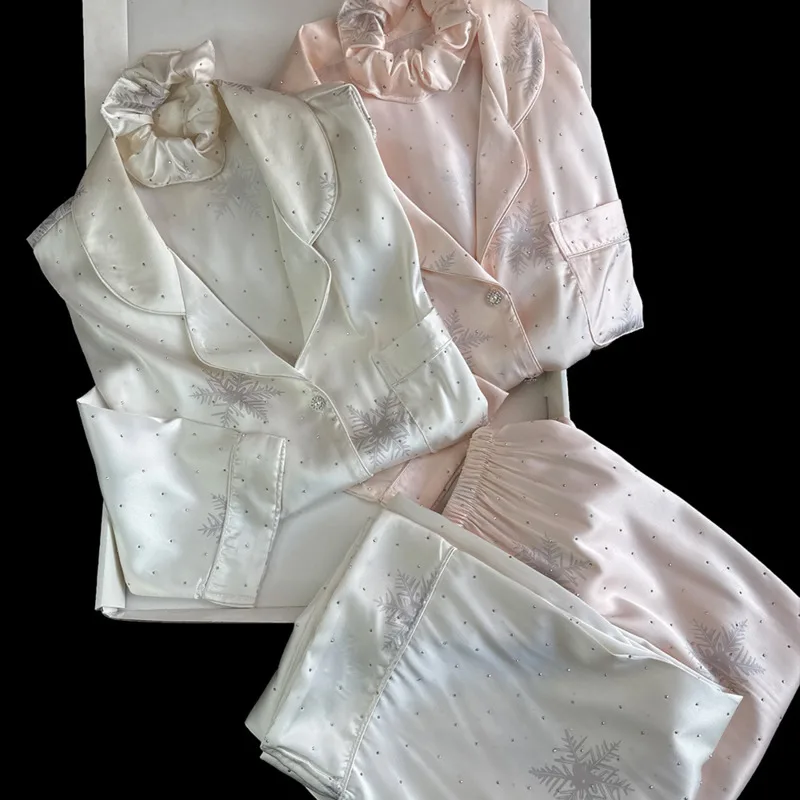 26 Spring Summer Elegant Snowflake Pajamas Ice Silk Women 2piece Set Long Sleeve Pants Home Wear Nightgown Sleepwear Outfit