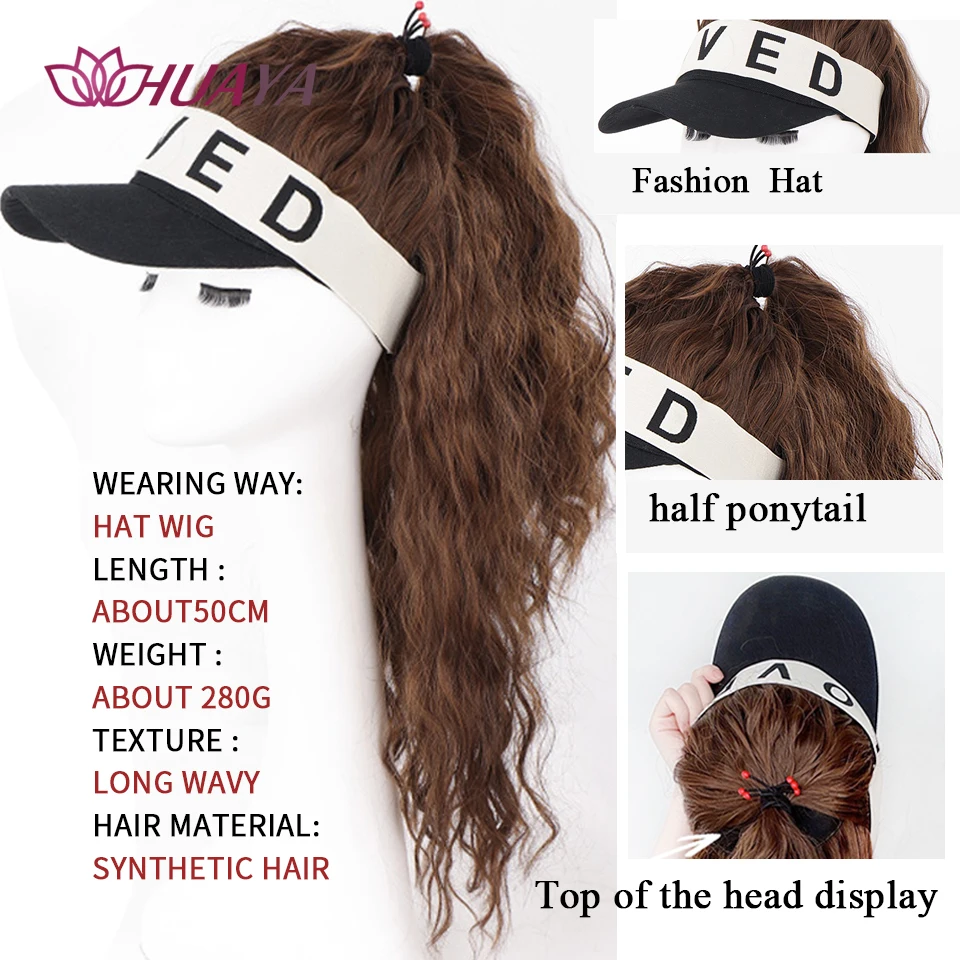 HUAYA Synthetic Wig for Women With Empty Top Baseball Long Wavy Cap Baseball Cap With Half Ponytail Wig Hair Extensions