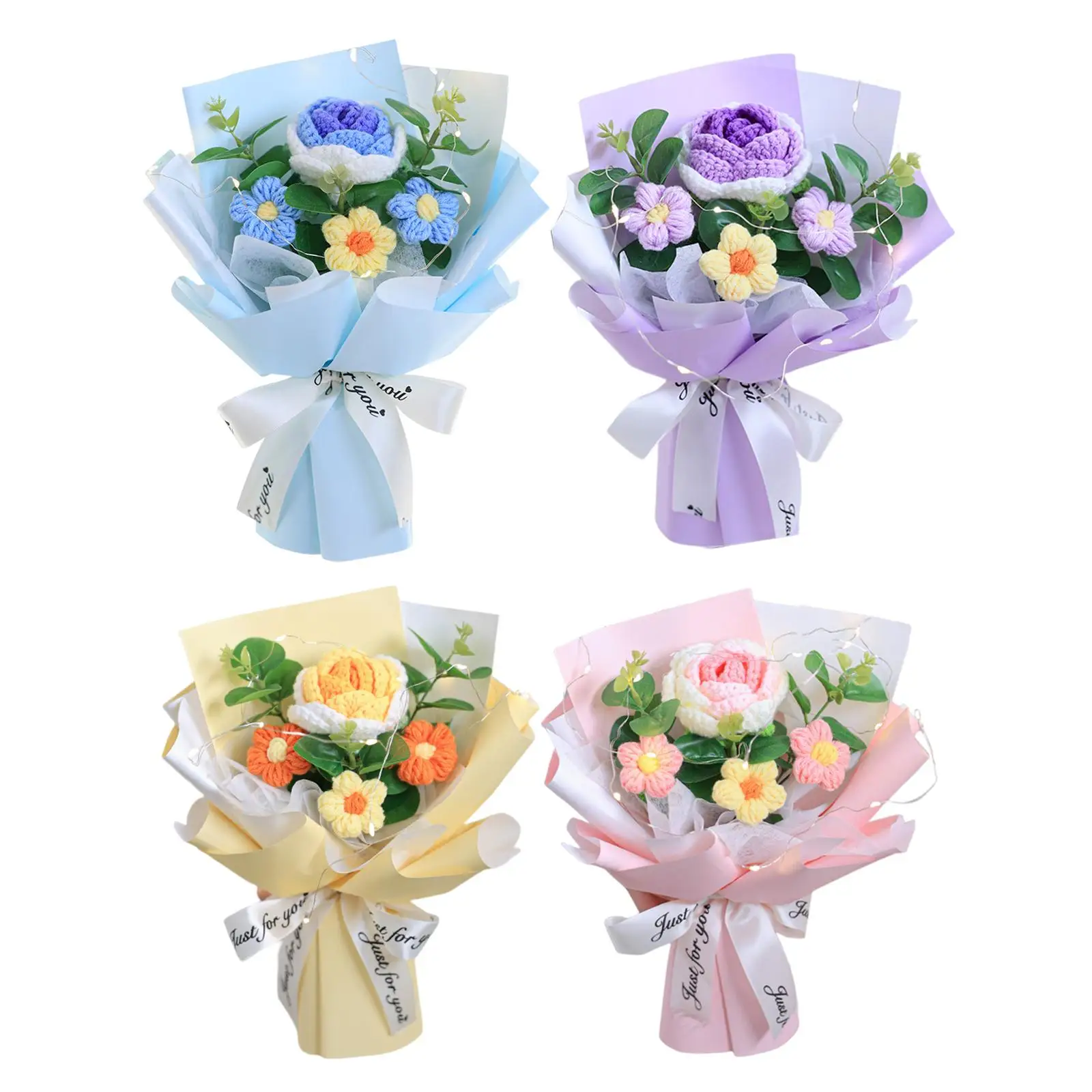 Ramo de flores de ganchillo, decoración decorativa ya hecha, ramo versátil tejido a mano, flores tejidas para el Festival del Día de San Valentín