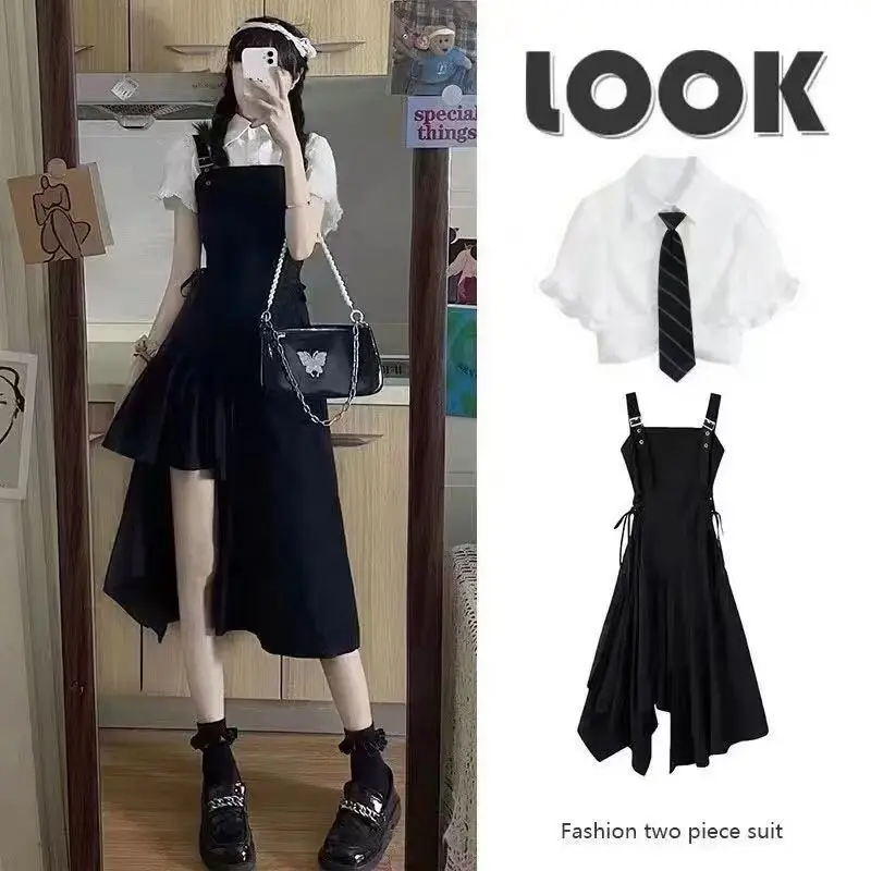 Korean College Wind Irregular Suspender Dress Women Summer 2024 New Fashion Sweet Design Sense Waist Slim Skirt With Strap Suit