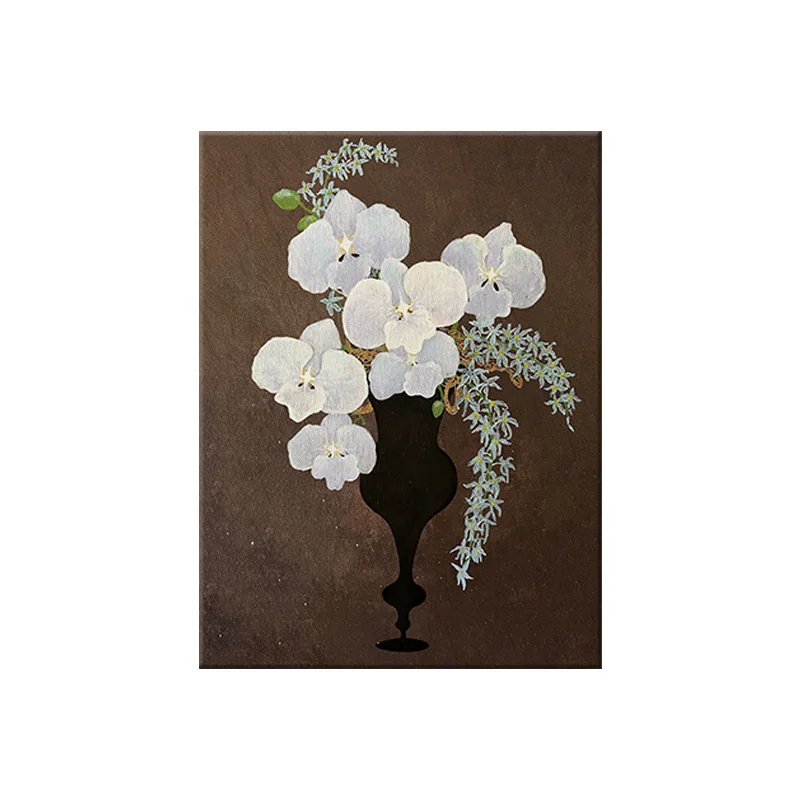 Vintage White Orchid Vase Canvas Wall Art, Dark Floral Still Life Poster for Room Decor