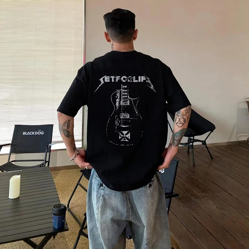 

Motorcycle Pure Cotton Short-Sleeved Men's Summer Design Guitar Print Black and White Half-Sleeved Top Loose