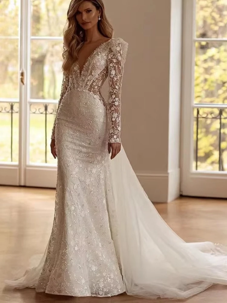 Elegant V Neck Mermaid Wedding Dress Long Sleeves Appliques Beaded Bridal Gown Detachable Train Illusion Bodice vestido de novia