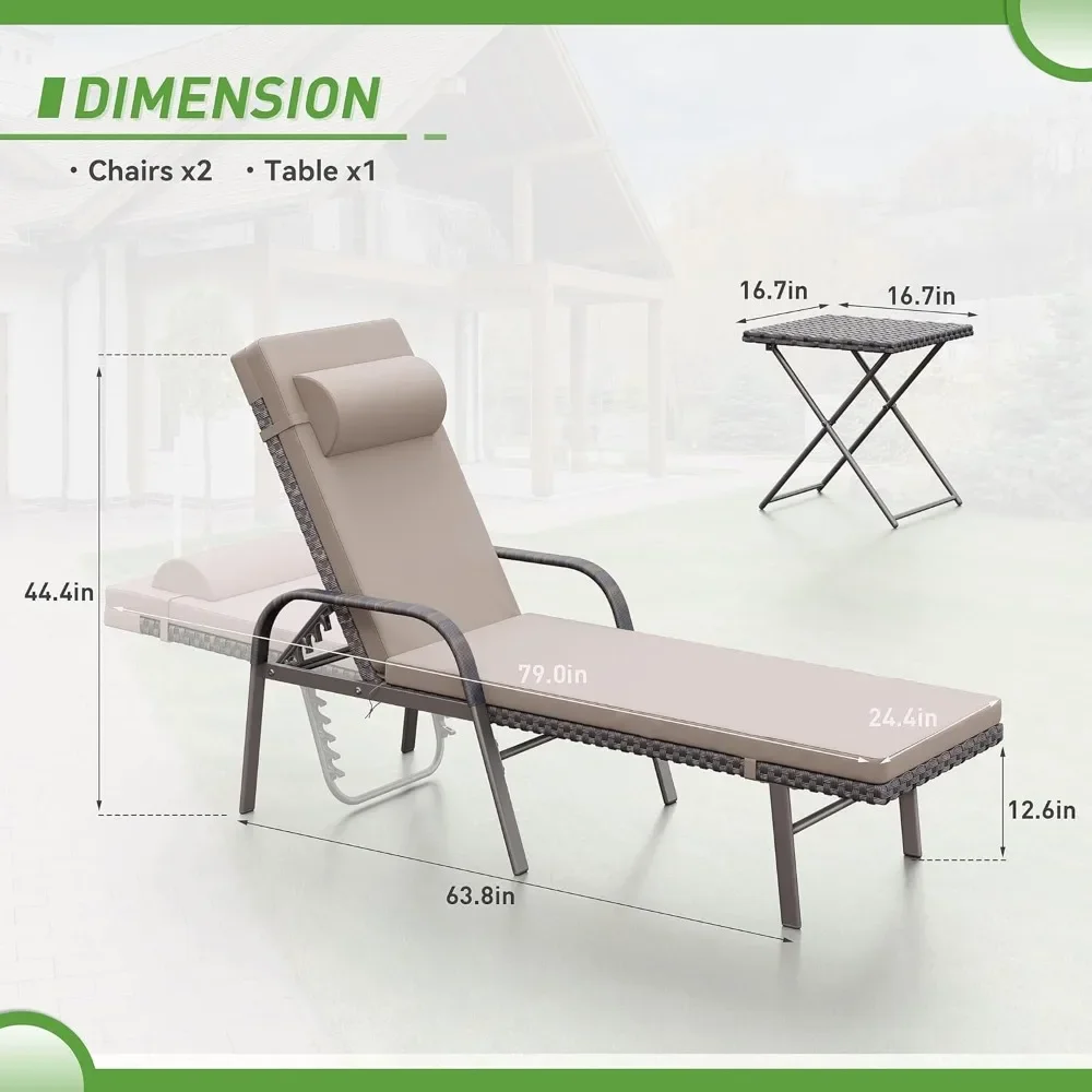 Outdoor Chaise Lounge Chair Set 3 Pieces, Rattan Reclining Chairs Adjustable Backrest with Folding Table, Lounge Chair