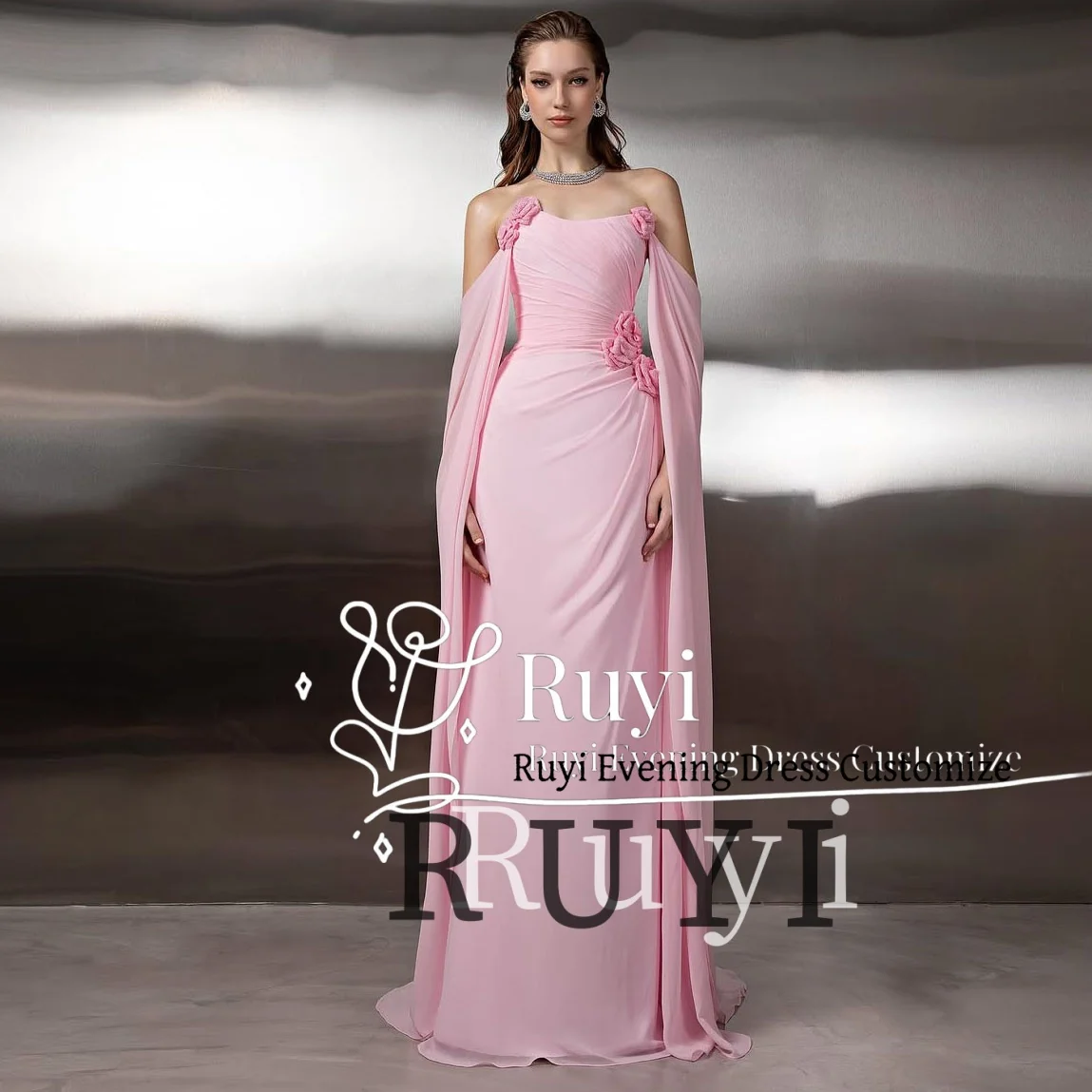 

Customized Pink Pleats Elegant Evening Dresses with Flowers 2025 Shawl Long Wedding Party Dress Draped Prom Gown