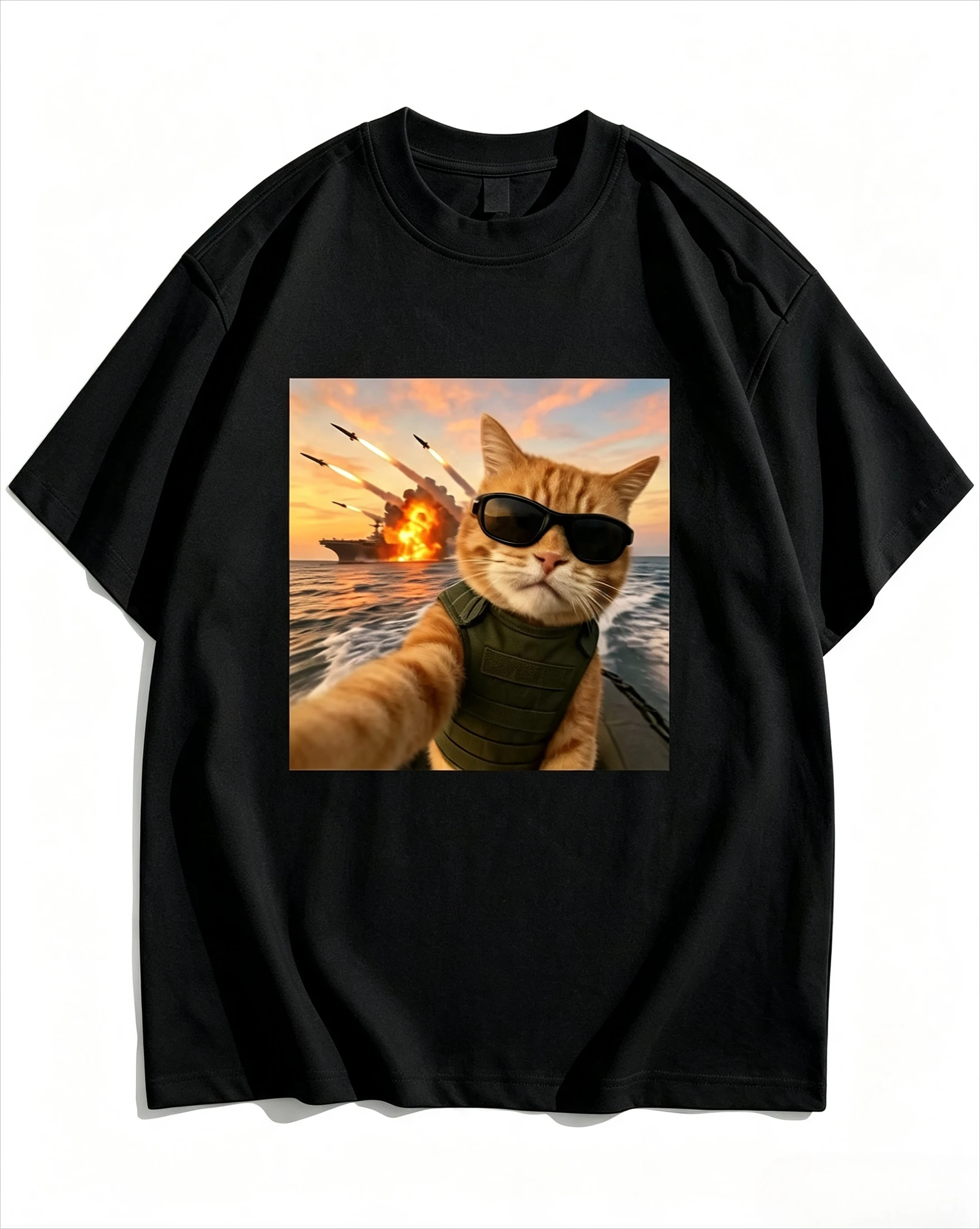 Cool Combat Cat Ocean Battleship Scene Graphic T-shirt Men Women Trend Funny Pet Printed Tee Cotton Loose Daily Streetwear Tops