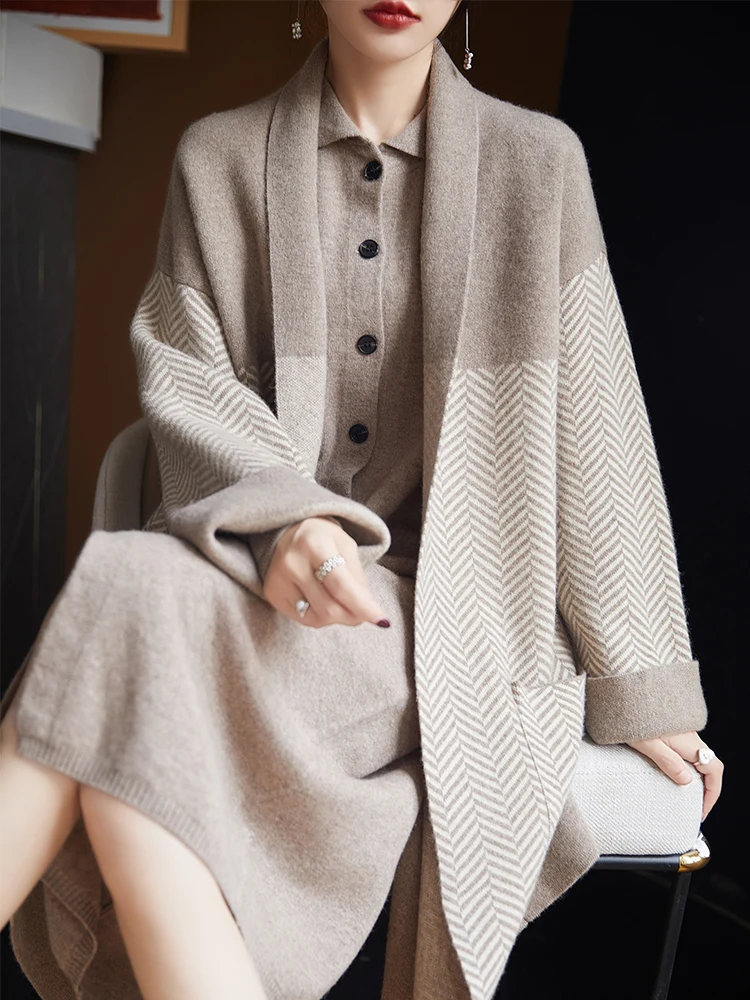 سترة نسائية من صوف ميرينو 100% معطف خريفي وشتوي ناعم ودافئ ومتطور كسول رقيق بطول الركبة ملابس متعددة الاستخدامات خالدة #4