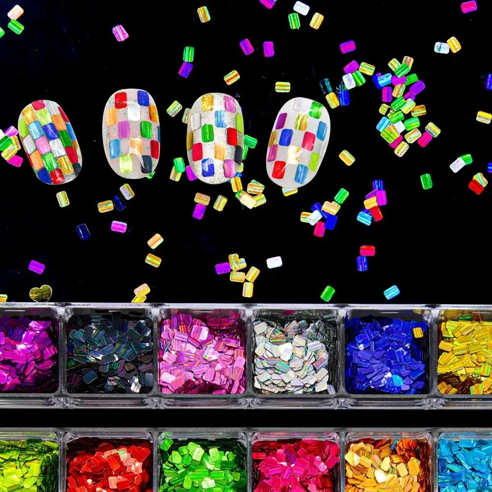 12-Grid Nail Art Sequins Holographic Laser Shiny Nail Decoration Accessories Square Shape Rectangular Shape
