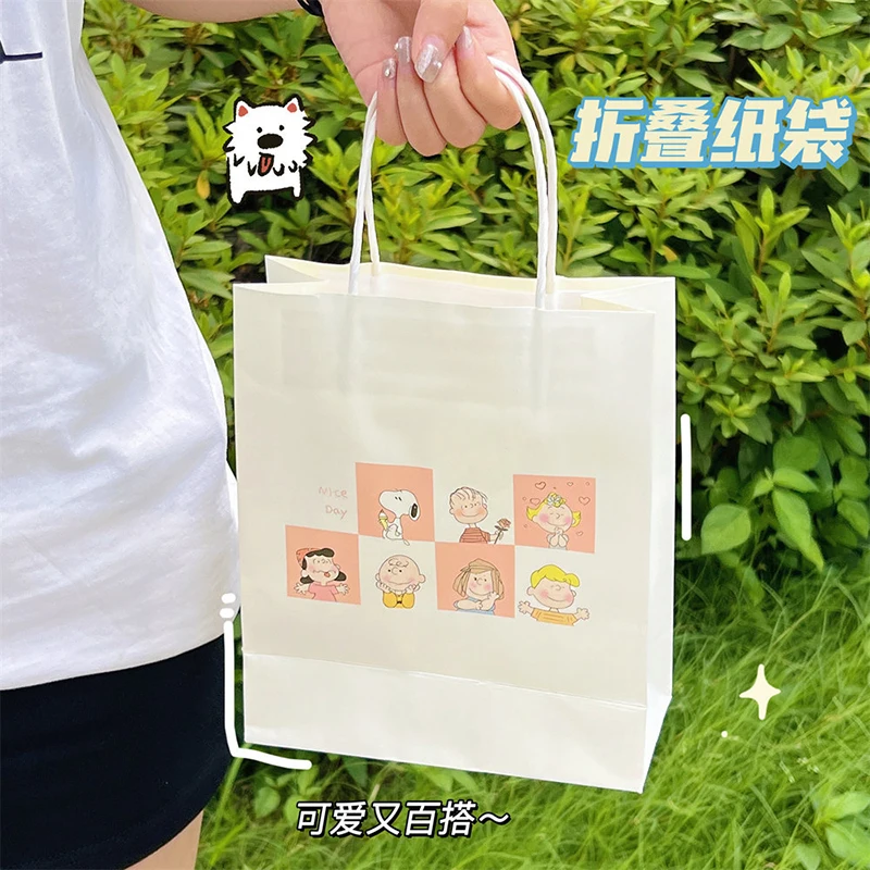 5Pcs White Kraft Paper Gift Bags Cute Printed Paper Tote Bags High Quality Clothes Store Shopping Bags 18x8x21cm Party Favor Bag