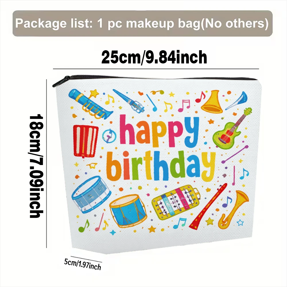 Happy Birthday Music Instruments Makeup Bags for Girls Cosmetic Pouch Toiletry Bag Pencil Case Travel Storage