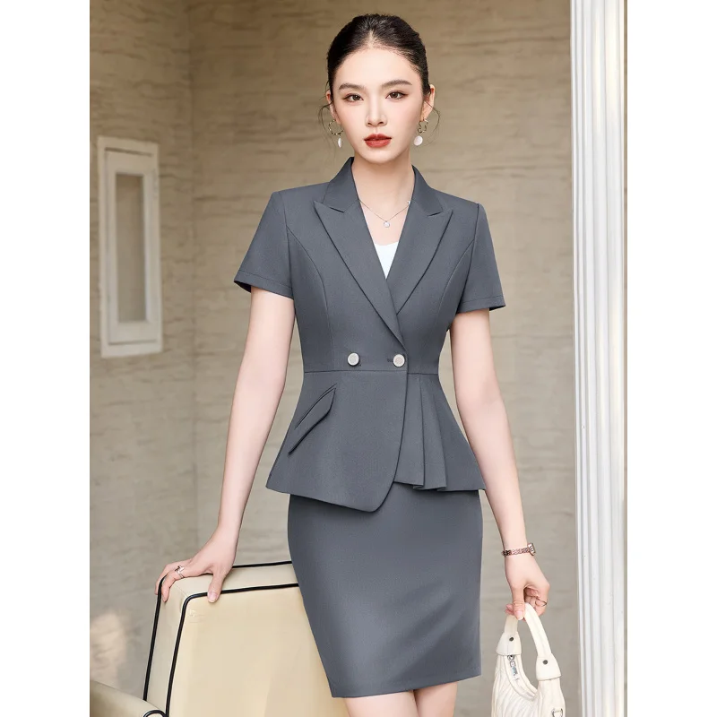 Women's Suit Skirt2026Spring and summer new style waist-cinching elegant short-sleeved irregular professional jewelry store work