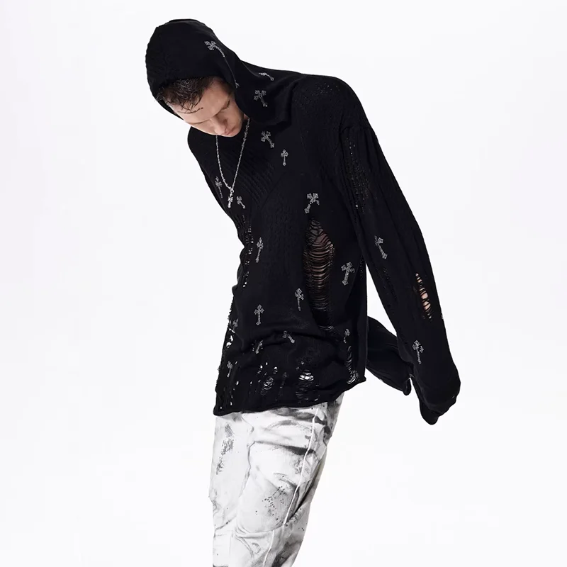 LUZHEN 2026 New Personalized Wornout Broken Hole Design Knitted Pullover Hoodies Men's Fashion Street Solid Color Clothes JY6450