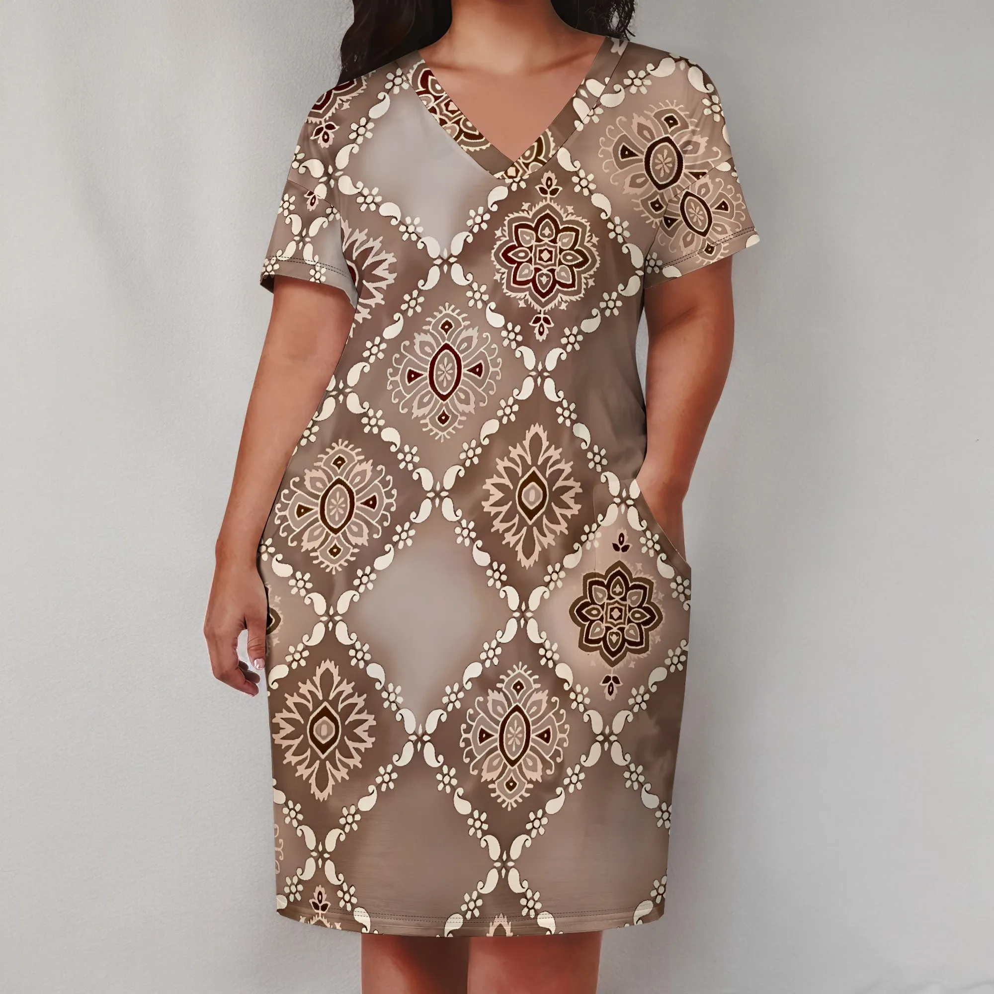 Plus Size Retro Geometric Print Dress for Women Summer V Neck Short Sleeve Casual Midi Dress