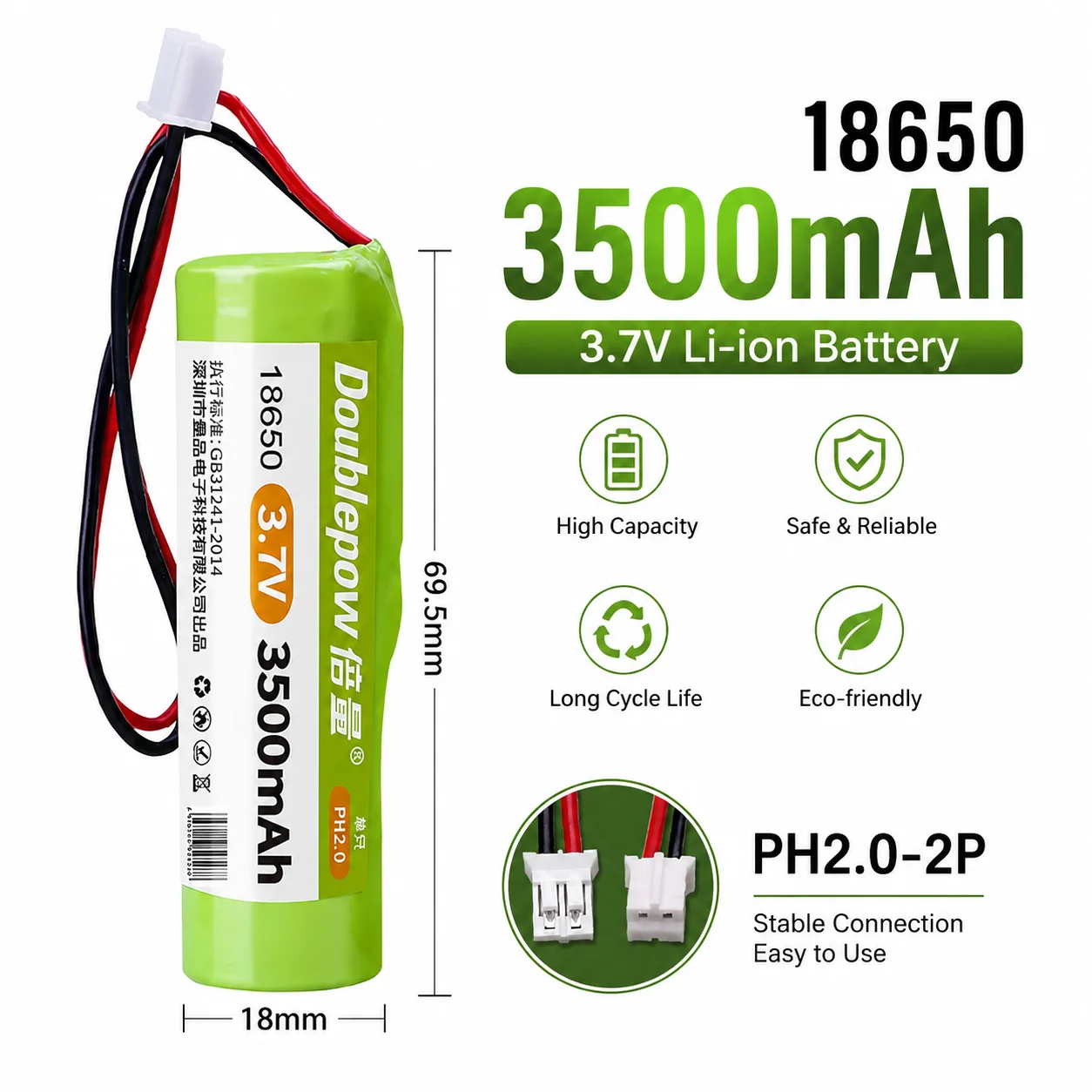 18650 Li-ion Rechargeable Battery 3.7V 3500mAh High Capacity Battery Cell PH2.0 2Pin for Emergency Light Karaoke Speaker