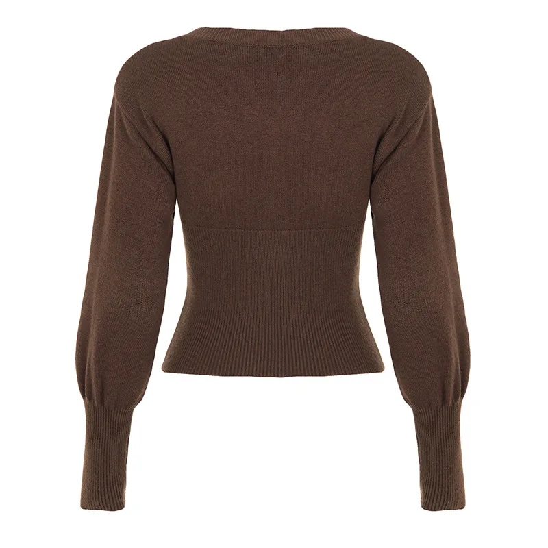 retro autumn and winter bubble sleeve cardigan round neck single breasted short section slimming knit jacket