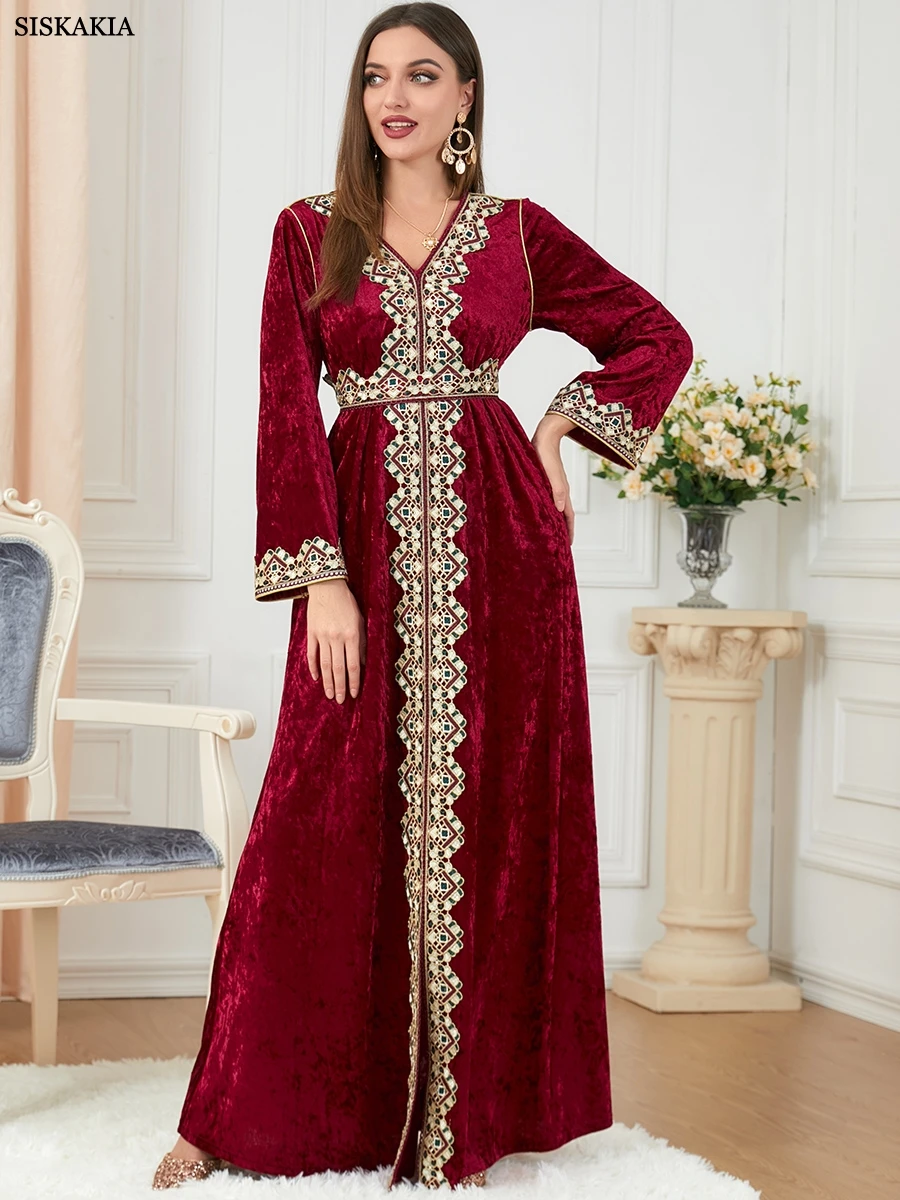 

Muslim Abaya Dress Dubai Floral Embroidery Belted Turkey Moroccan Caftan Luxury Velvet Robe Women's Dresses Free Shipping