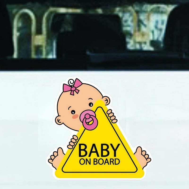 Cute Girl Infant Car Decal - Pink Bow Pacifier, Yellow Triangle 