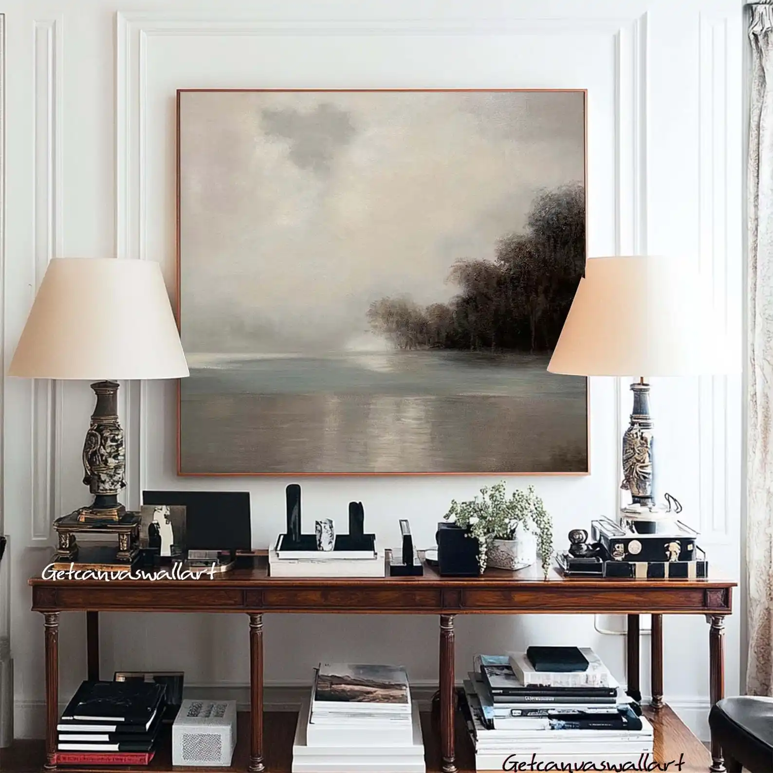Mhemyo Neutral Minimalist Hand Painted Landscape Oil Painting Misty Lake Wall Art Calm Water Reflection Canvas For Living Room