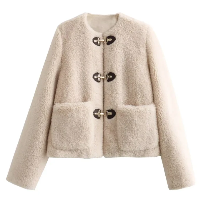 Kurtka zimowa damska z polaru KIDCRKJ, jednolita, z okrągłym dekoltem, zapinana na guziki, z sztucznego futra, dla kobiet, z dużymi kieszeniami, codzienna, damska kurtka z wełny jagnięcej.