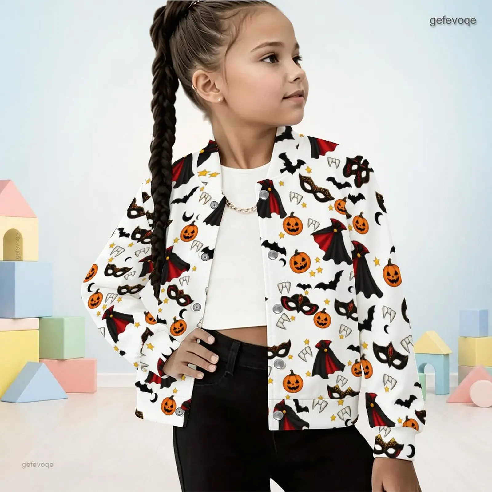 Autumn Graphic Print Girls Button Up Jacket Manin Collar Spooky Kids Clothing Halloween Party Wear