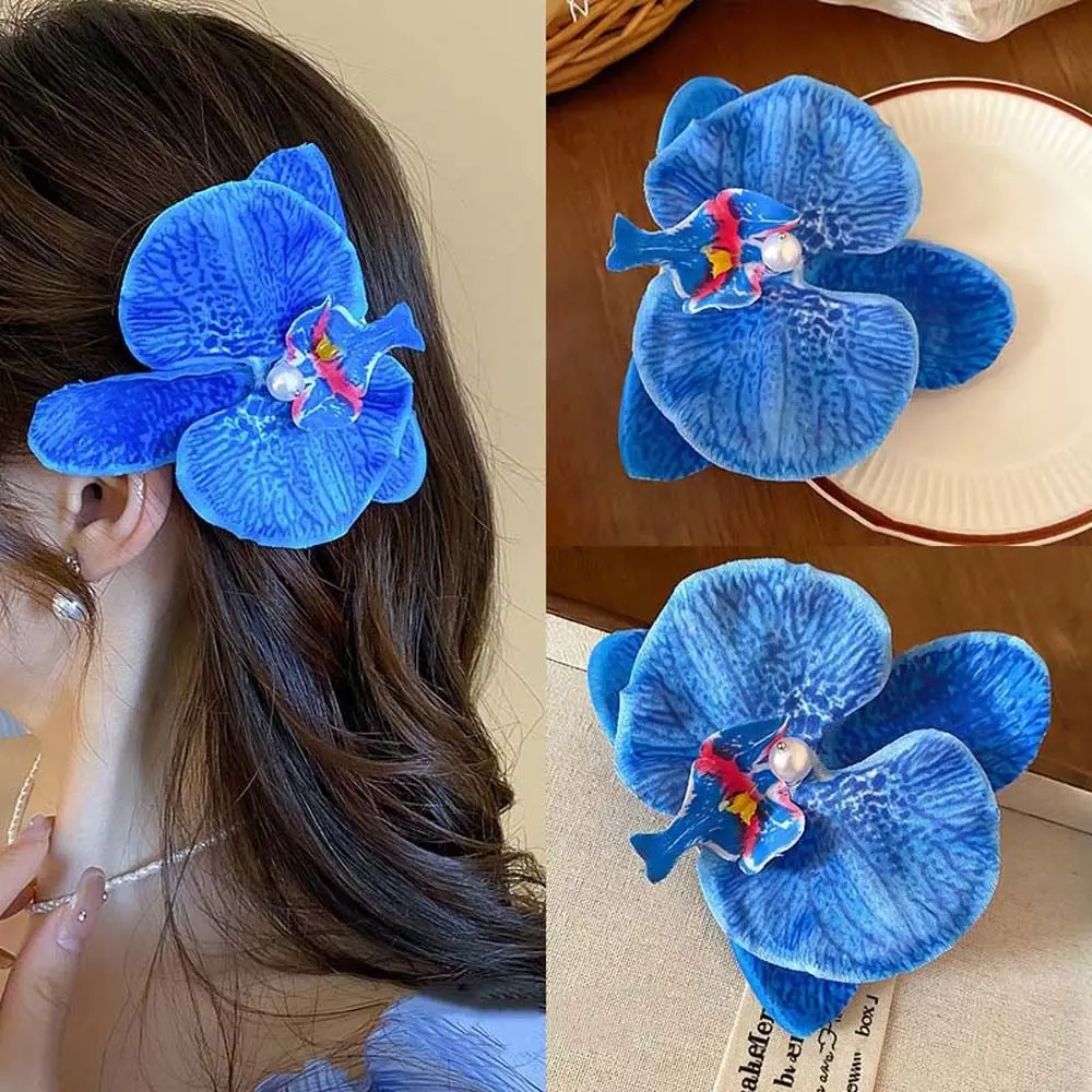 Cloth Flower Hair Clip Headdress Hair Accessories Phalaenopsis Flower Hairpin Pearl Floral Blue Orchid Flower Hairpin Student