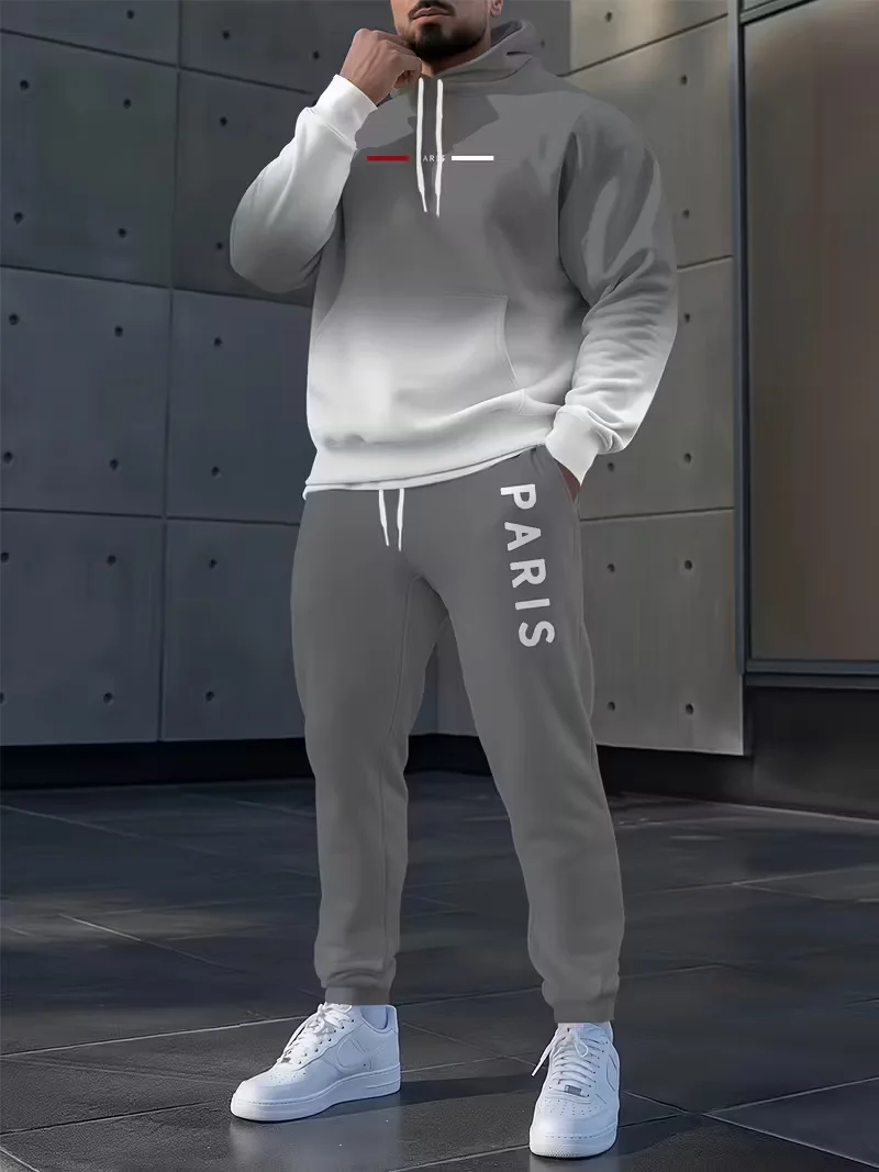 

Осенне-зимний мужской комплект с капюшоном, спортивный комплект, толстовки с буквенным принтом PARIS, комплект из 2 предметов, спортивные костюмы, быстросохнущие толстовки, костюмы