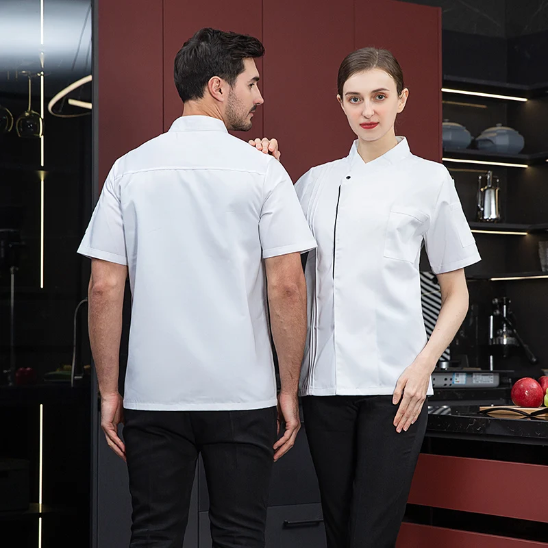 black chef uniform Chef Jacket Short Sleeve Cook Coat Chef T-shirt Baker Work Uniform Waiter Restaurant Hotel Clothes women Logo