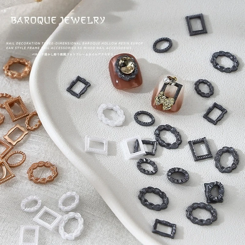 50Pcs Vintage Hollow Embossed Photo Frame Nail Charms White Antique Gold Mixed Ornaments for DIY Handmade Manicure Nail Decor
