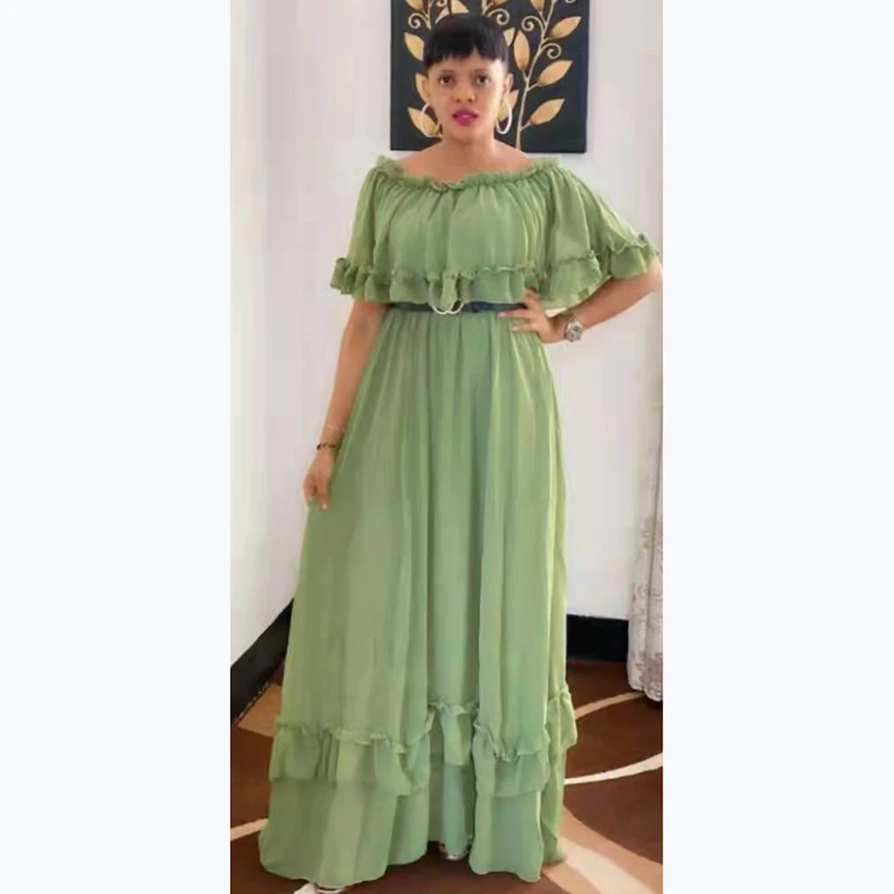 

Long Maxi Dress African Dresses for Women 2022 Summer Off Shoulder Short Sleeve Wooden Ear Solid Boubou Robe Africaine Femme