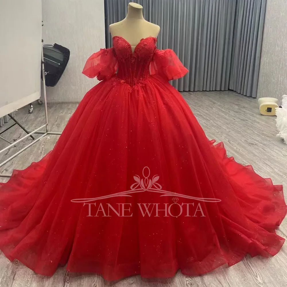 Luxury Red Off-Shoulder Sweetheart Evening Dress Beaded Sequined Lace-Up Back Customizable For Special Occasions
