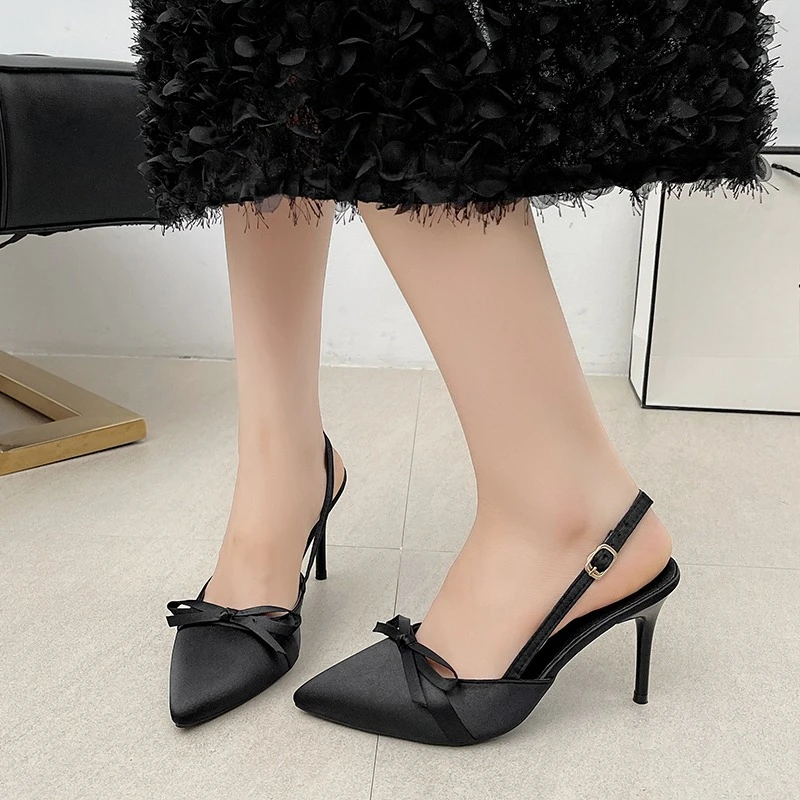 صنادل باوتو الخنجر أزياء أشار تو الفم الضحلة القوس الساتان زلة زلة الكعب العالي