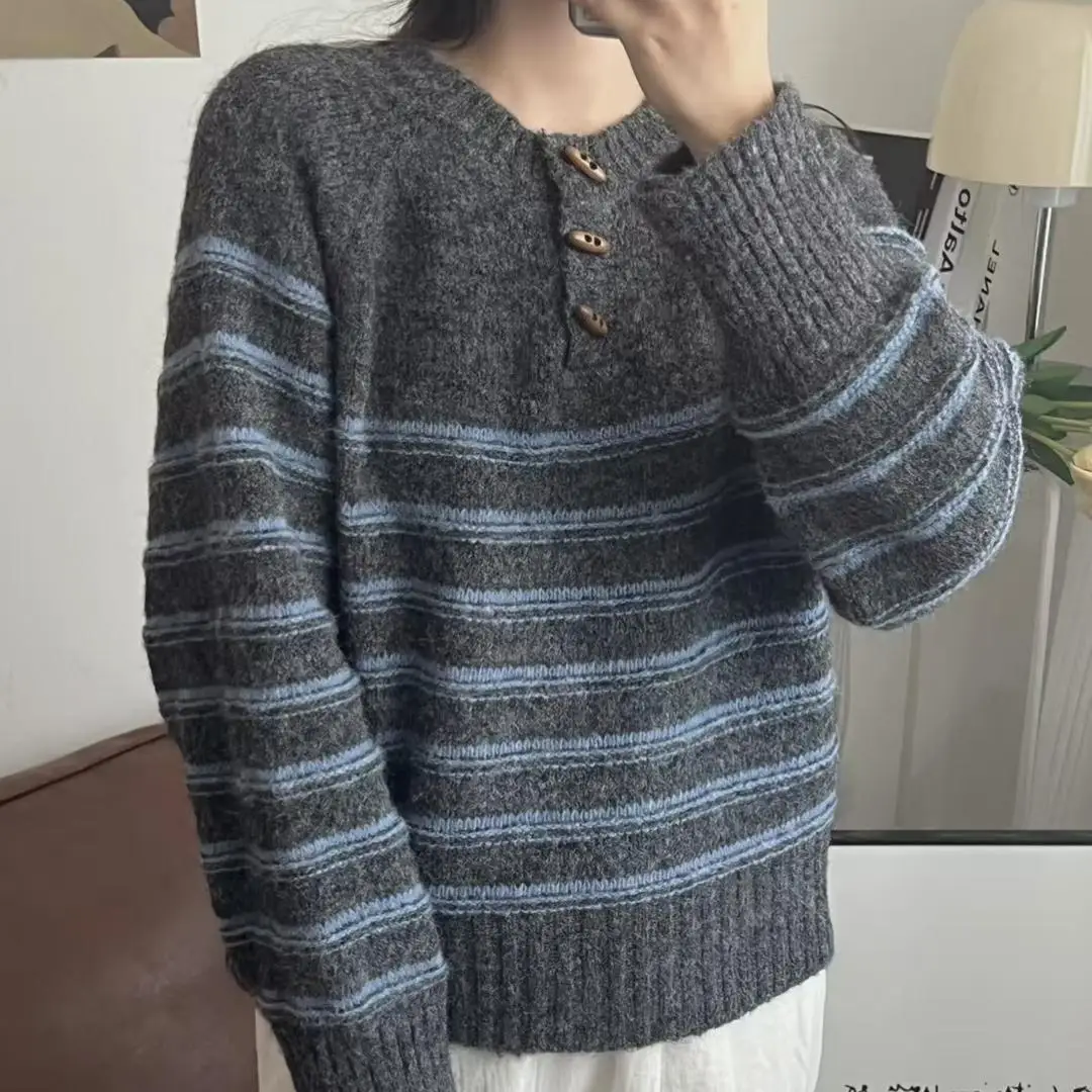 

Корейский полосатый свитер в стиле ретро, женский осенне-зимний свободный утягивающий вязаный топ в студенческом стиле