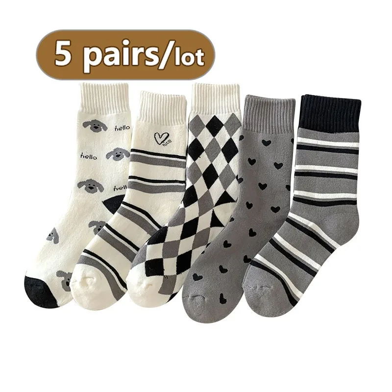 5 Pairs Warm Socks Women Set New Thickened Striped Love Middle Tube Hair Pulling Warm Towel Long Socks Autumn and Winter Outfit