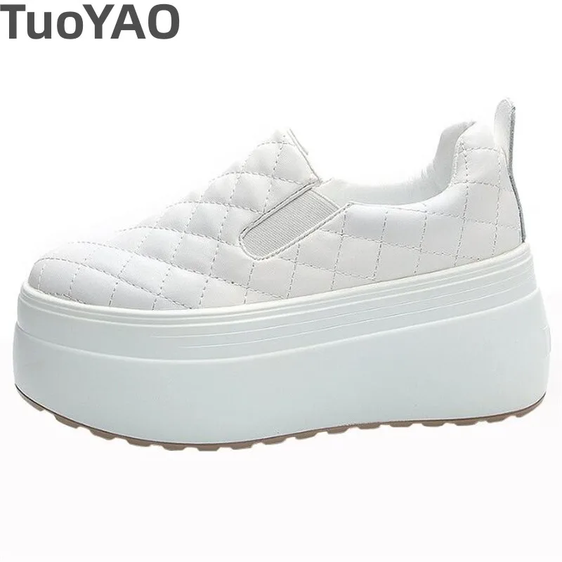 

Genuine Leather Cow 8cm Platform Wedge Women Shoes Chunky Sneakers Slip on Hidden Heel Waterproof Women Vulcanized White Shoes